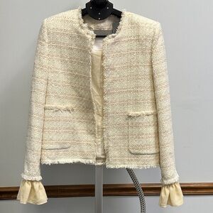 MNG Women's Cream Tweed Fringe Collarless Jacket